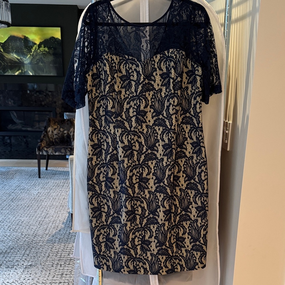 Next Direct Navy Lace Overlay Midi Dress with Cream Lining
